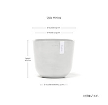 Ecopots Oslo Mini 19 Blumentopf: Außendurchmesser 19 Zentimeter, Innendurchmesser 17,3 Zentimeter, Höhe 16,5 Zentimeter, Volumen 3,3 Liter.
