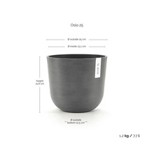 Ecopots Oslo 25 Blumentopf mit Maßen: Höhe 21,8 Zentimeter, Außendurchmesser 25 Zentimeter, Volumen 7,7 Liter, Gewicht 1,2 Kilogramm.