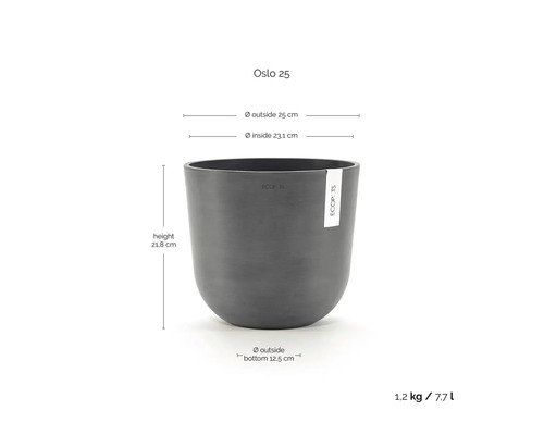 Ecopots Oslo 25 Blumentopf mit Maßen: Höhe 21,8 Zentimeter, Außendurchmesser 25 Zentimeter, Volumen 7,7 Liter, Gewicht 1,2 Kilogramm.