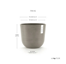 Ecopots Oslo 25 Blumentopf: Höhe 21,8 Zentimeter, Außendurchmesser 25 Zentimeter, Innendurchmesser 23,1 Zentimeter, Volumen 7,7 Liter.