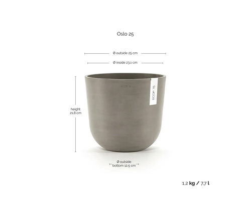 Ecopots Oslo 25 Blumentopf: Höhe 21,8 Zentimeter, Außendurchmesser 25 Zentimeter, Innendurchmesser 23,1 Zentimeter, Volumen 7,7 Liter.