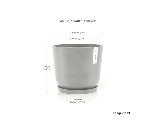 Ecopots Blumentopf Oslo 25 mit Wasserreservoir und Untersetzer, Durchmesser 25 Zentimeter, Höhe 21,4 Zentimeter, Volumen 7,7 Liter.