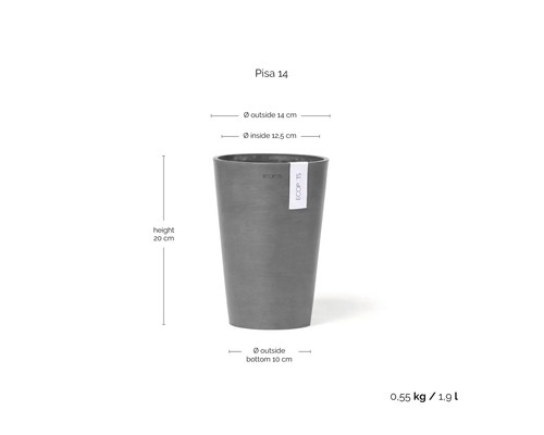 Ecopots Blumentopf Pisa 14: Höhe 20 Zentimeter, Außendurchmesser oben 14 Zentimeter, Durchmesser unten 10 Zentimeter, Volumen 1,9 Liter.
