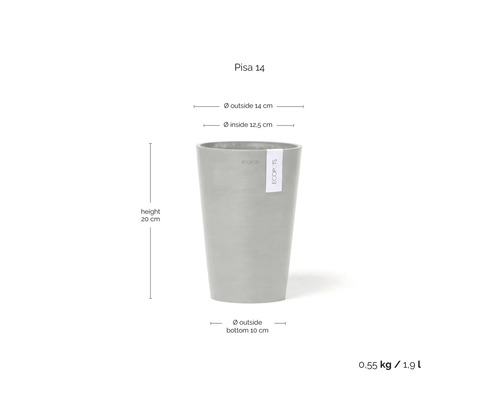 Ecopots Blumentopf Pisa 14 in Grau mit Abmessungen: Höhe 20 Zentimeter, Außendurchmesser 14 Zentimeter, Volumen 1,9 Liter, Gewicht 0,55 Kilogramm.