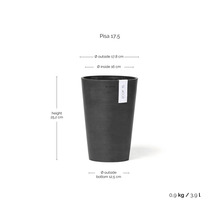 Blumentopf Ecopots Pisa 17,5: Höhe 25,2 Zentimeter, Außendurchmesser oben 17,8 Zentimeter, unten 12,5 Zentimeter, Volumen 3,9 Liter.