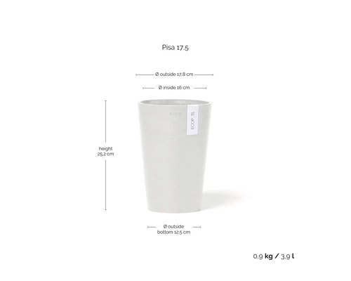 Ecopots Pisa 17.5 Blumentopf mit Maßangaben: Höhe 25,2 Zentimeter, Außendurchmesser 17,8 Zentimeter, Volumen 3,9 Liter.