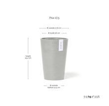 Ecopots Pisa 17,5: Höhe 25,2 Zentimeter, Außen 17,8 Zentimeter, Innen 16 Zentimeter, Boden 12,5 Zentimeter, Volumen 3,9 Liter.