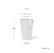 Ecopots Blumentopf Pisa 21: Höhe 29,8 Zentimeter, Außendurchmesser 21,1 Zentimeter, Volumen 6,8 Liter, Gewicht 1,4 Kilogramm.