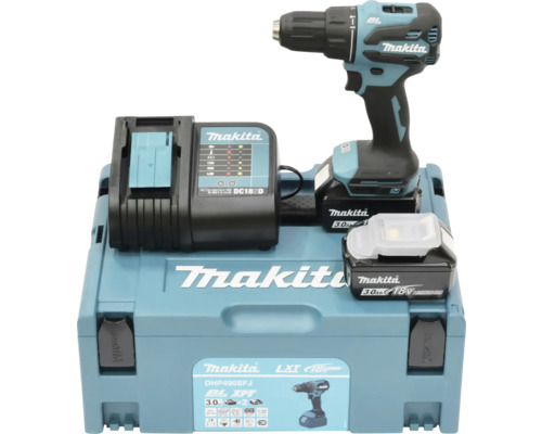 Makita Akku-Bohrschrauber Set mit Ladegerät, zwei Akkus und Lampe im Werkzeugkoffer