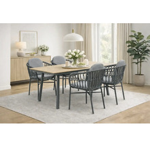 Esstischgruppe mit Tisch, Stühlen, Dekoration und Zimmerpflanze auf einem Teppich in einem hellen Esszimmer.