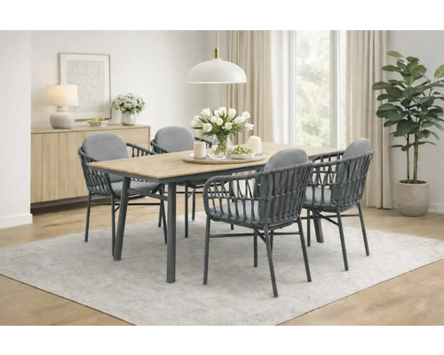 Esstischgruppe mit Tisch, Stühlen, Dekoration und Zimmerpflanze auf einem Teppich in einem hellen Esszimmer.