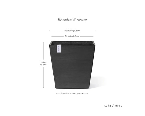 Ecopots Pflanzkübel Rotterdam Wheels 50 dunkelgrau, Höhe 49,5 Zentimeter, Breite oben 50,2 Zentimeter, unten 37,4 Zentimeter, 76,3 Liter, 12 Kilogramm.