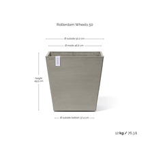 Quadratischer Pflanzkübel Ecopots Rotterdam Wheels 50: Höhe 49,5 Zentimeter, Außendurchmesser 50,2 Zentimeter, Volumen 76,3 Liter.