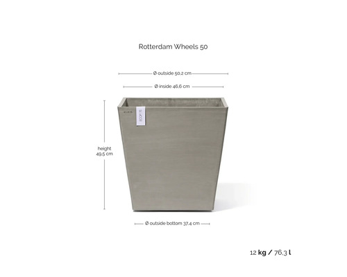 Quadratischer Pflanzkübel Ecopots Rotterdam Wheels 50: Höhe 49,5 Zentimeter, Außendurchmesser 50,2 Zentimeter, Volumen 76,3 Liter.