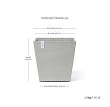 Ecopots Pflanzkübel Rotterdam Wheels 50 mit Maßen: Höhe 49,5 Zentimeter, Durchmesser 50,2 Zentimeter, Gewicht 12 Kilogramm, Volumen 76,3 Liter.