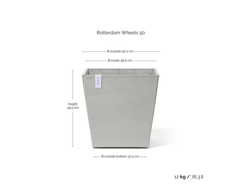 Ecopots Pflanzkübel Rotterdam Wheels 50 mit Maßen: Höhe 49,5 Zentimeter, Durchmesser 50,2 Zentimeter, Gewicht 12 Kilogramm, Volumen 76,3 Liter.