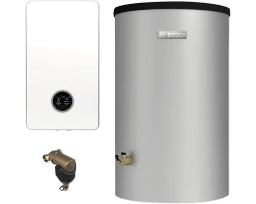 Abbildung einer Heizungsanlage mit Warmwasserspeicher und Heizkessel sowie einem Schlammabscheider