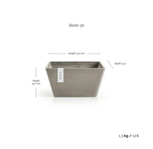 Ecopots Berlin 30 Pflanzkübel mit den Abmessungen Länge 31,2 Zentimeter, Tiefe 31,2 Zentimeter, Höhe 15,7 Zentimeter und 10 Liter Inhalt.