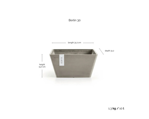 Ecopots Berlin 30 Pflanzkübel mit den Abmessungen Länge 31,2 Zentimeter, Tiefe 31,2 Zentimeter, Höhe 15,7 Zentimeter und 10 Liter Inhalt.