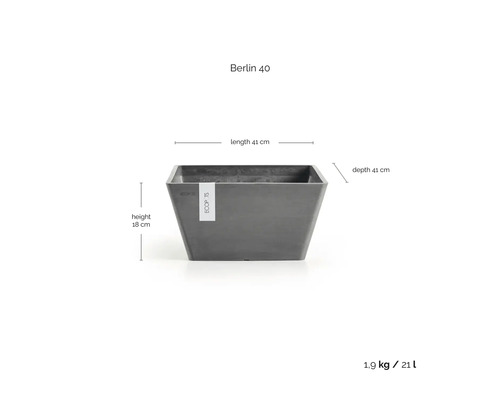Ecopots Berlin 40 Pflanzkübel grau, Länge 41 Zentimeter, Tiefe 41 Zentimeter, Höhe 18 Zentimeter, Volumen 21 Liter, Gewicht 1,9 Kilogramm.