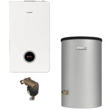 Abbildung einer Heizungsanlage von Bosch mit Warmwasserbereiter und Zubehör