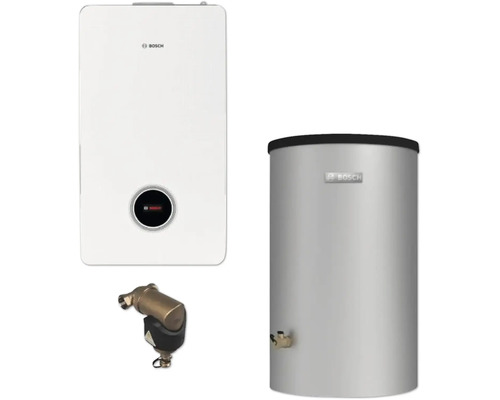 Abbildung einer Heizungsanlage von Bosch mit Warmwasserbereiter und Zubehör
