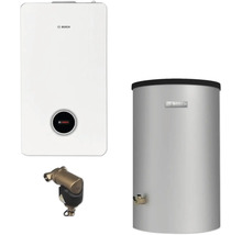 Abbildung eines Heizsystems mit Heizkessel, Warmwasserspeicher und zugehöriger Komponente. Marke: Bosch.