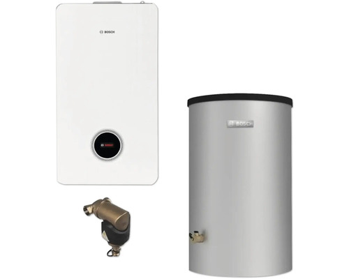 Abbildung eines Heizsystems mit Heizkessel, Warmwasserspeicher und zugehöriger Komponente. Marke: Bosch.