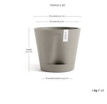 Ecopots Venice 2 20 Blumentopf mit Ecopots Logo: Höhe 17,7 Zentimeter, Durchmesser oben 20,1 Zentimeter, unten 14,5 Zentimeter, 4 Liter, 1 Kilogramm.