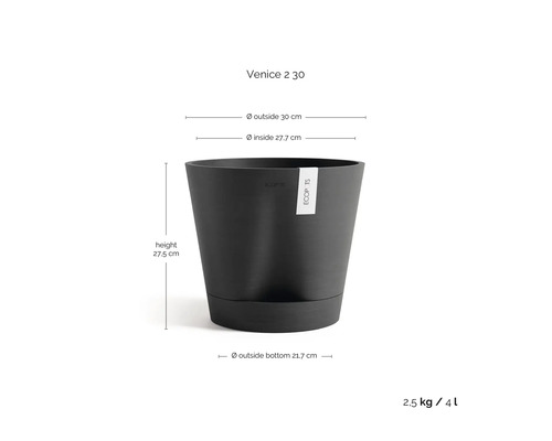 Ecopots Venice 2 30 Blumentopf, Höhe 27,5 Zentimeter, Außendurchmesser 30 Zentimeter, Gewicht 2,5 Kilogramm, Volumen 4 Liter.
