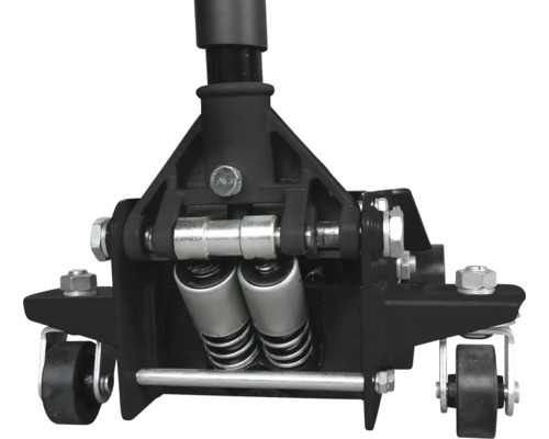Detailansicht eines schwarzen Wagenhebers mit Rollen.