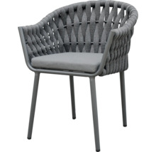 Grauer Gartenstuhl mit Armlehnen und Sitzkissen