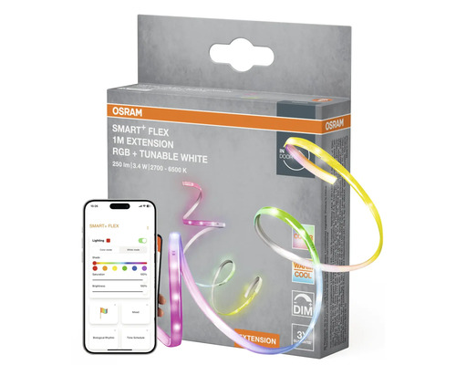 Osram Smart+ Flex 1 Meter Erweiterung RGB plus Tunable White in Produktverpackung und Smartphone mit App-Oberfläche