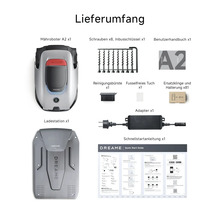 Lieferumfang des Mähroboters A2 mit Ladestation, Schrauben, Inbusschlüssel, Bedienungsanleitung, Reinigungsbürste, fusselfreiem Tuch, Adapter, Ersatzklinge mit Halterung und Schnellstartanleitung