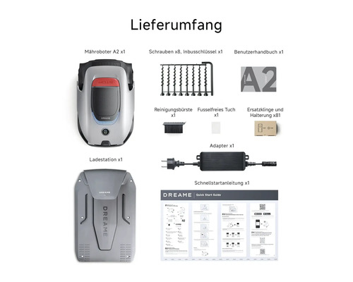 Lieferumfang des Mähroboters A2 mit Ladestation, Schrauben, Inbusschlüssel, Bedienungsanleitung, Reinigungsbürste, fusselfreiem Tuch, Adapter, Ersatzklinge mit Halterung und Schnellstartanleitung