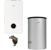 Abbildung einer Heizungsanlage mit Heizkessel, Warmwasserspeicher und Zubehör