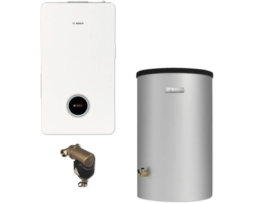 Abbildung einer Heizungsanlage mit Heizkessel, Warmwasserspeicher und Zubehör