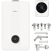 Weißer Heizkessel mit Bedienelement, Thermostat und Zubehör von Bosch