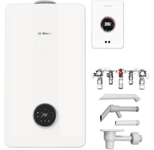 Bosch Heiztherme mit Regler, Raumthermostat, Verteilerbalken und Siphon