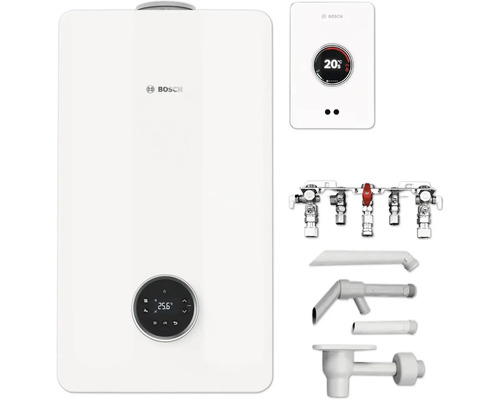 Bosch Heiztherme mit Regler, Raumthermostat, Verteilerbalken und Siphon