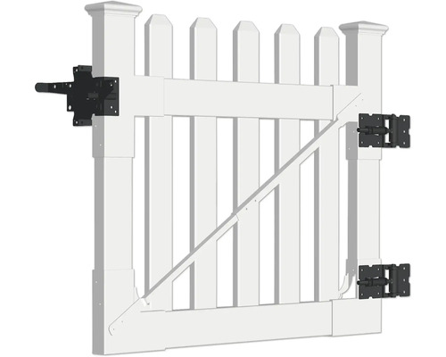 Weiße Gartentür mit schwarzem Beschlag
