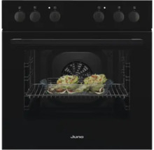 Schwarzer Juno Backofen mit Speisen im Inneren