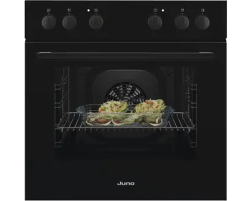 Schwarzer Juno Backofen mit Speisen im Inneren