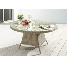 Runder Gartentisch mit Glasplatte und Rattangeflecht