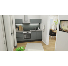 Graue Küche mit Esstisch und Stühlen