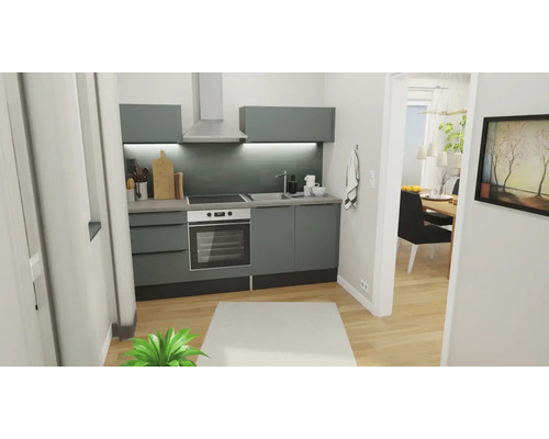 Graue Küche mit Esstisch und Stühlen