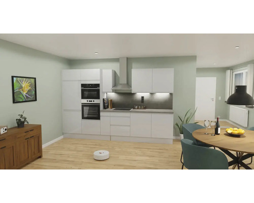 Helle Küche mit Küchenzeile, Esstisch und Saugroboter auf Holzboden