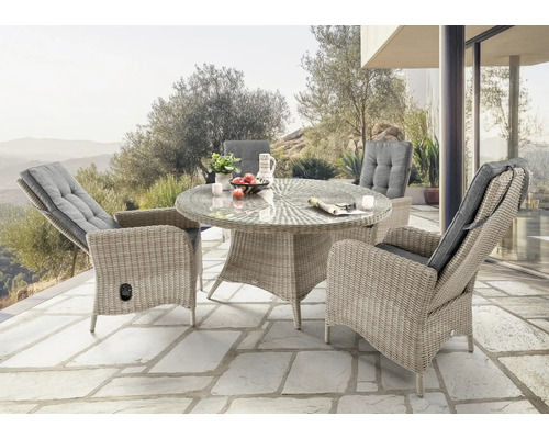 Gartensitzgruppe mit Tisch und vier Stühlen aus Polyrattan
