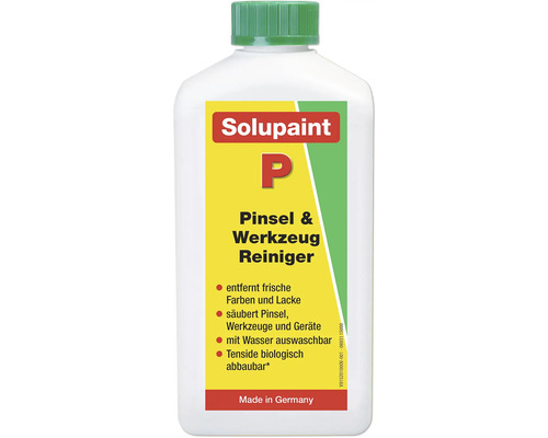Solupaint Pinsel und Werkzeug Reiniger in einer weißen Flasche mit grünem Deckel