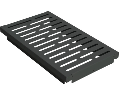 Aufsicht auf einen rechteckigen Gullyrost aus Metall mit länglichen Schlitzen